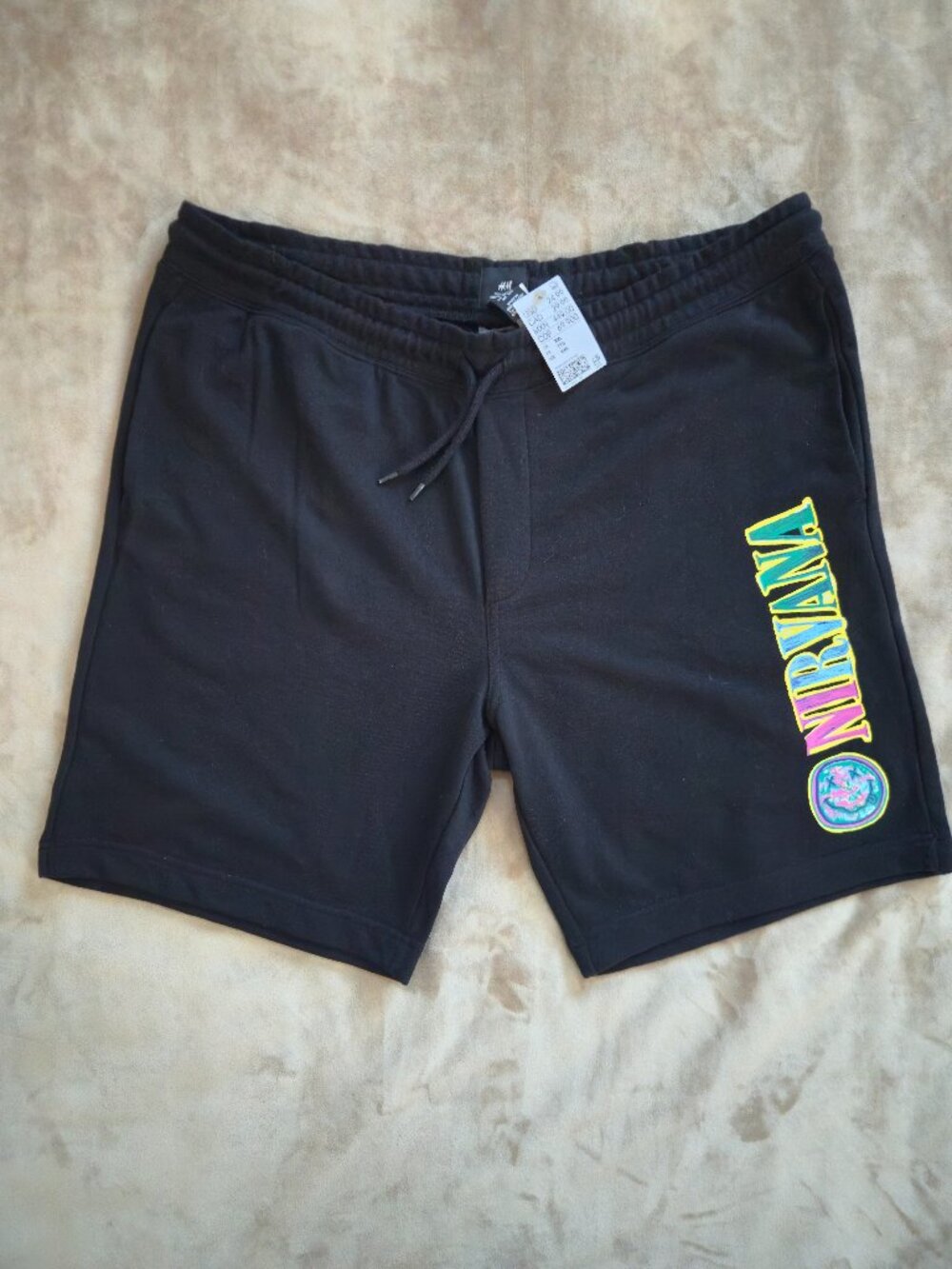 NWT H&M Nirvana Graphic Fleece Sweat Shorts Black Smiley Face Men's XXL